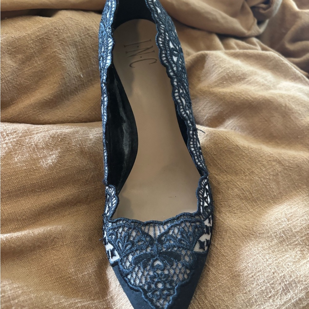INC Black Heels with Intricate Lace Overlay - Picture 2 of 9